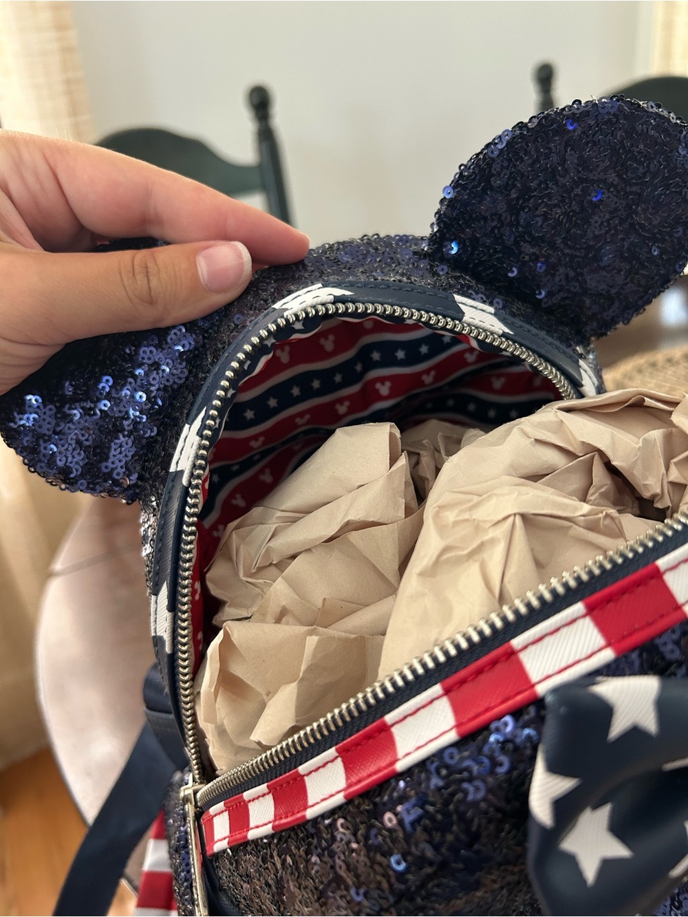 Loungefly Disney Parks Navy Sequin Minnie Ear Backpack with American Flag Bow - Picture 4 of 5